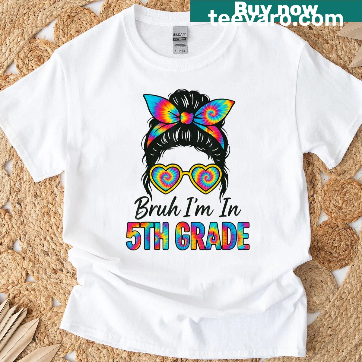 Graphic of a girl with a messy bun and text Bruh I'm in 5th Grade on a t-shirt — on a men's t-shirt