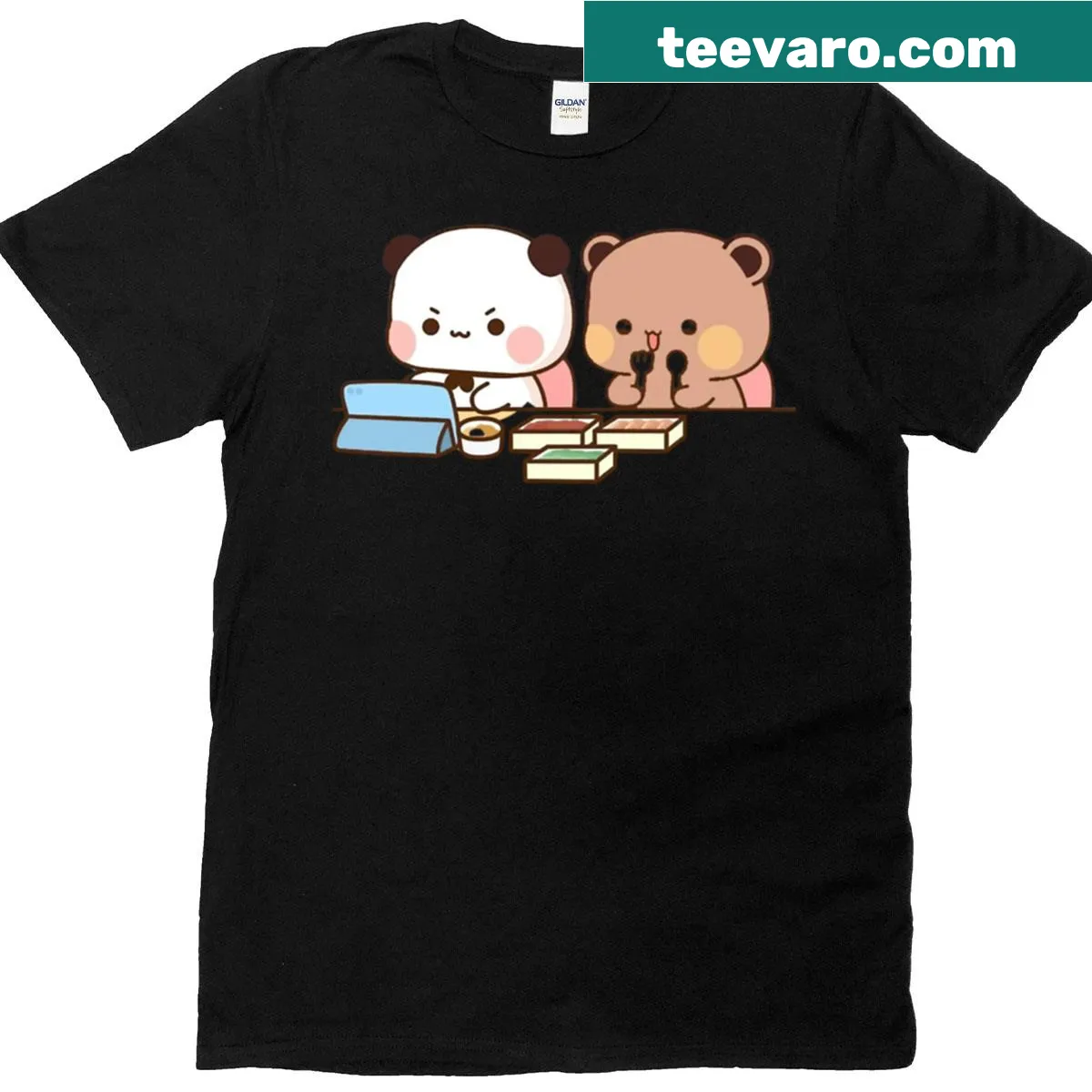 Bubu Dudu Panda and Brownie Bear couple eating T-shirt — on a men's t-shirt