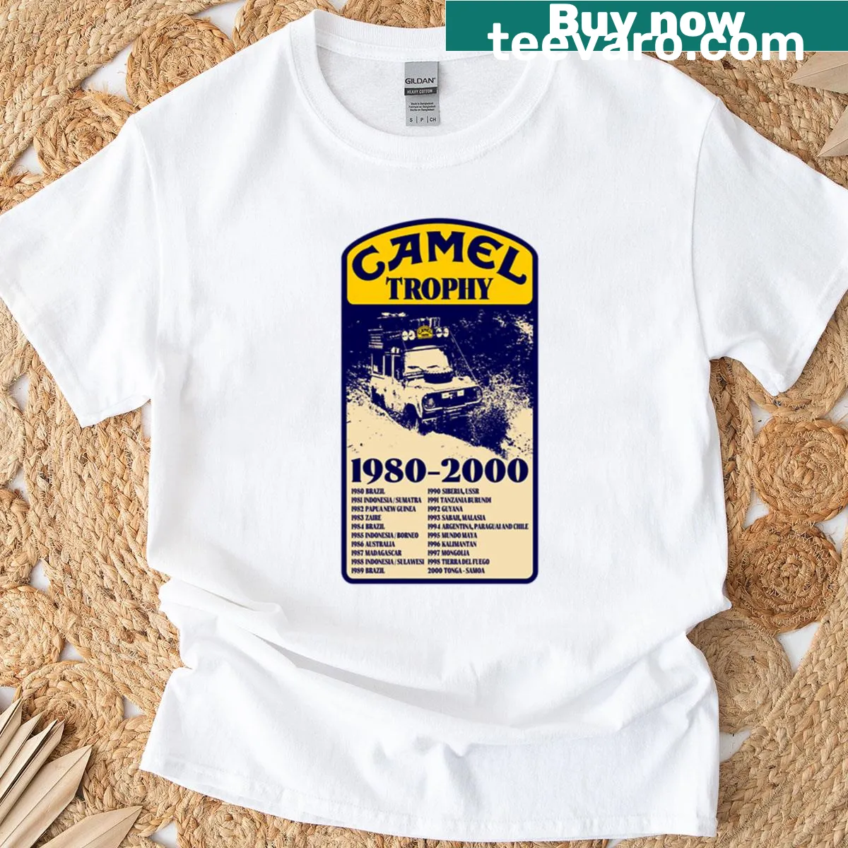Vintage-style Camel Trophy t-shirt featuring retro design elements — on a men's t-shirt
