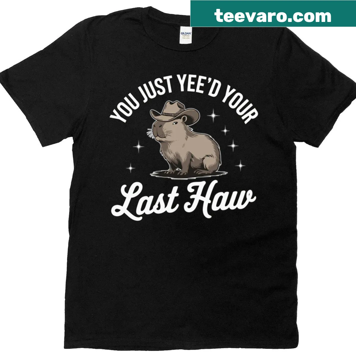 Whimsical cowboy capybara t-shirt with humorous text design — on a men's t-shirt