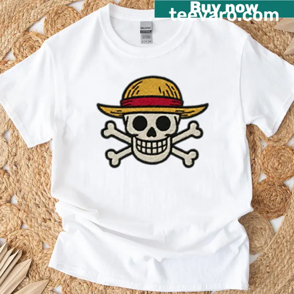 T-shirt featuring a cartoon skull with a straw hat embroidered design