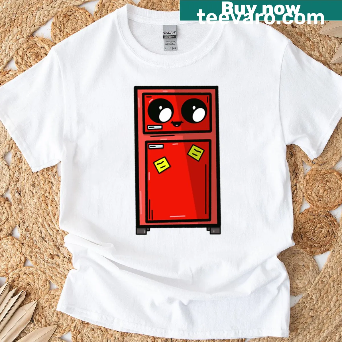 Cartoon red fridge graphic on t-shirt — on a men's t-shirt