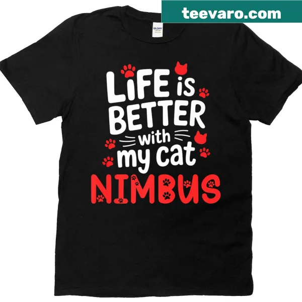 T-shirt celebrating the bond with a cat named Nimbus, featuring a heartwarming design
