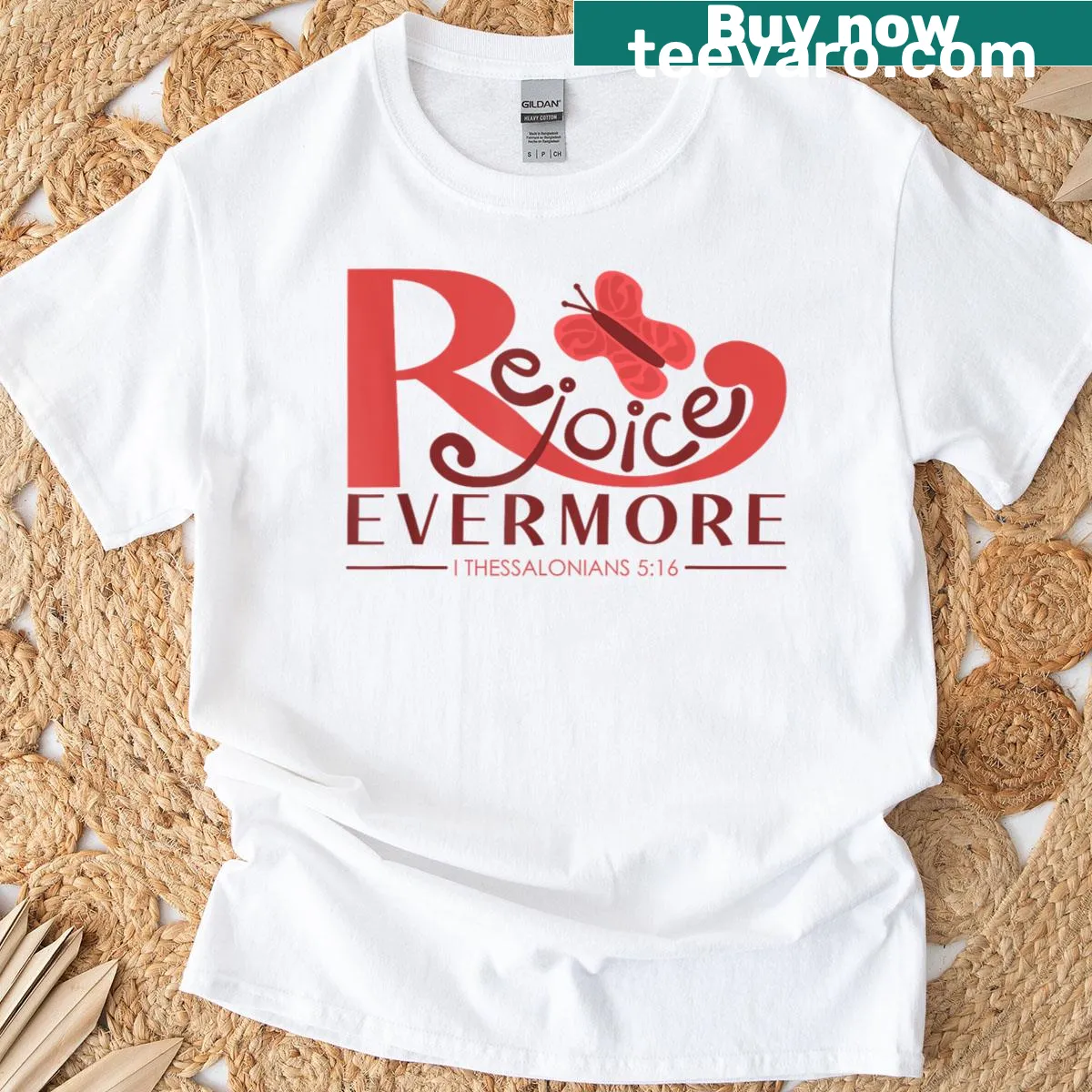 Inspirational typography design featuring the text Rejoice Evermore — on a men's t-shirt