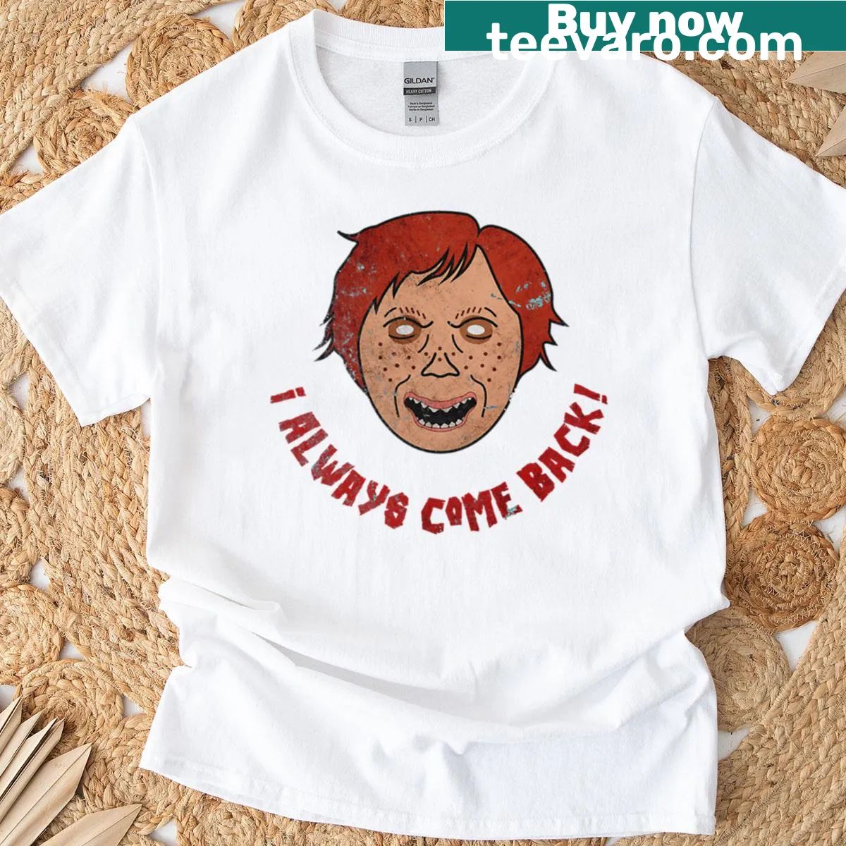 Vintage Chucky t-shirt with distressed graphic of Chucky's face — on a men's t-shirt