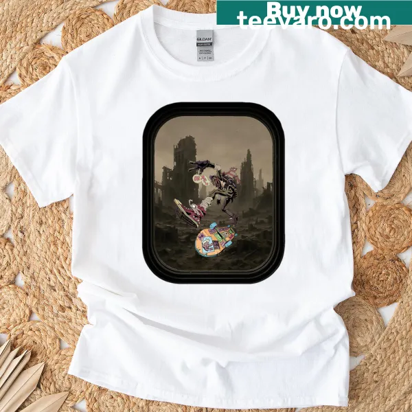 Cartoon skater graphic in a grey wasteland setting on T-shirt