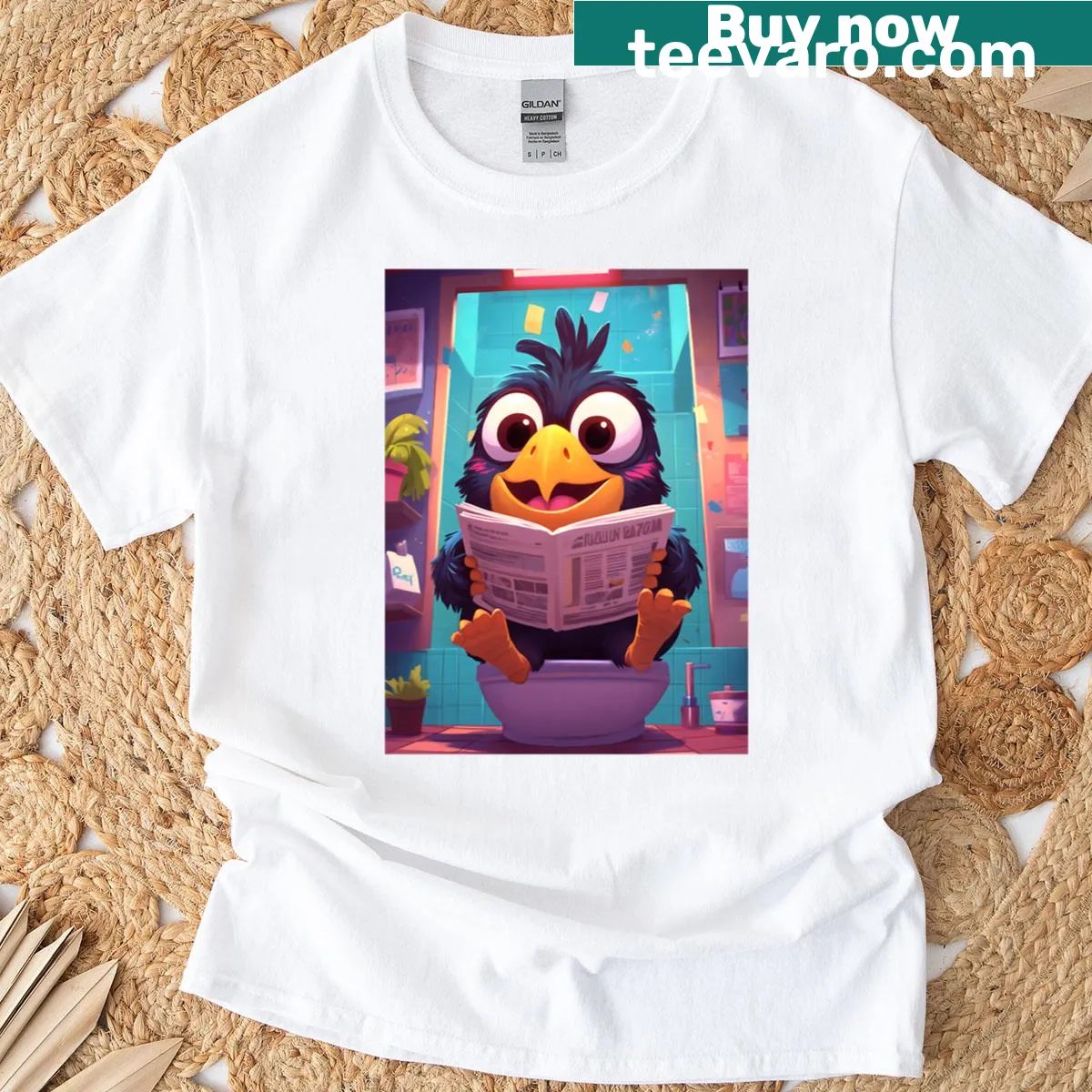 Oversized T-shirt featuring a colorful toucan with a yellow beak reading the news — on a men's t-shirt