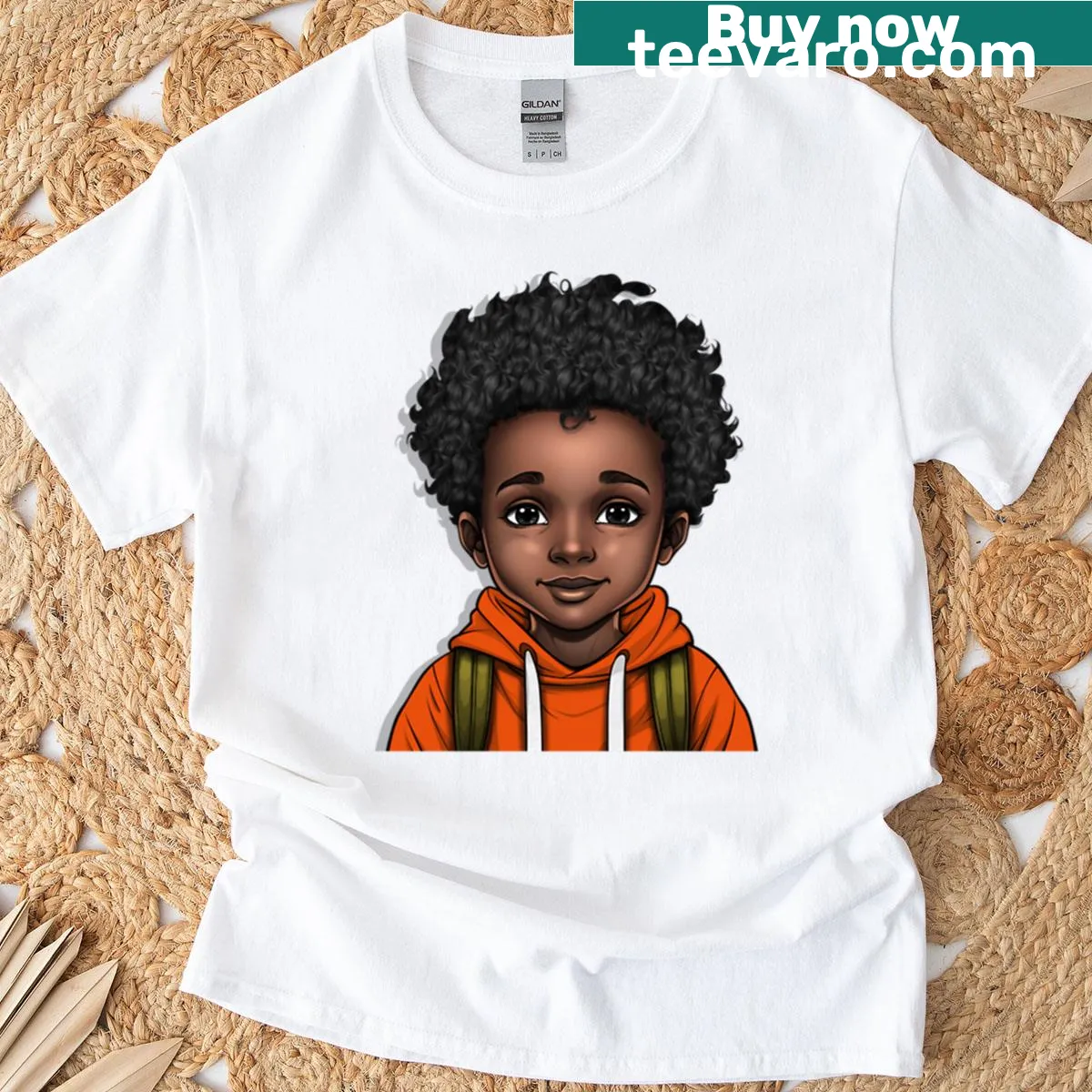 T-shirt featuring a cute modern chibi boy with an afro drawing. — on a men's t-shirt