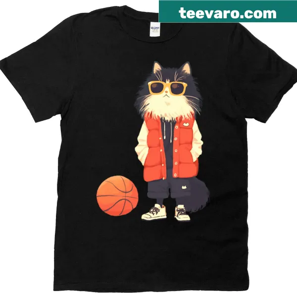 Kawaii illustration of a cool cat with a basketball