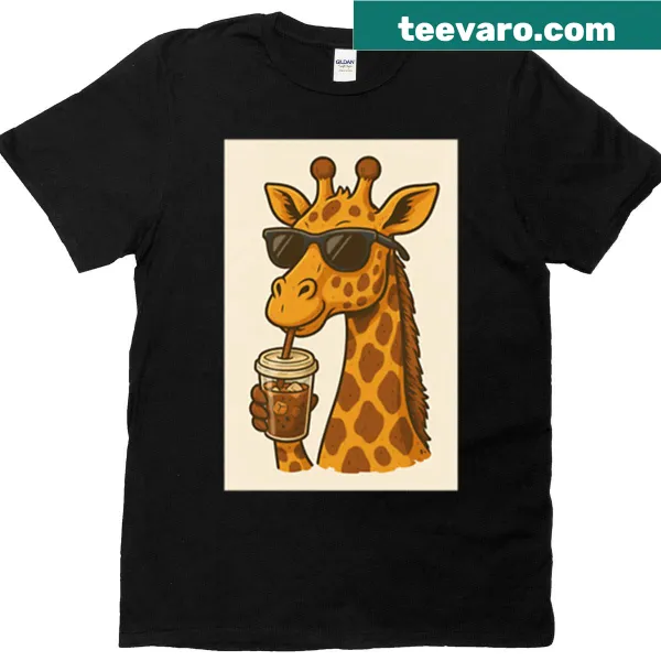 Playful giraffe drinking iced coffee on a T-shirt.