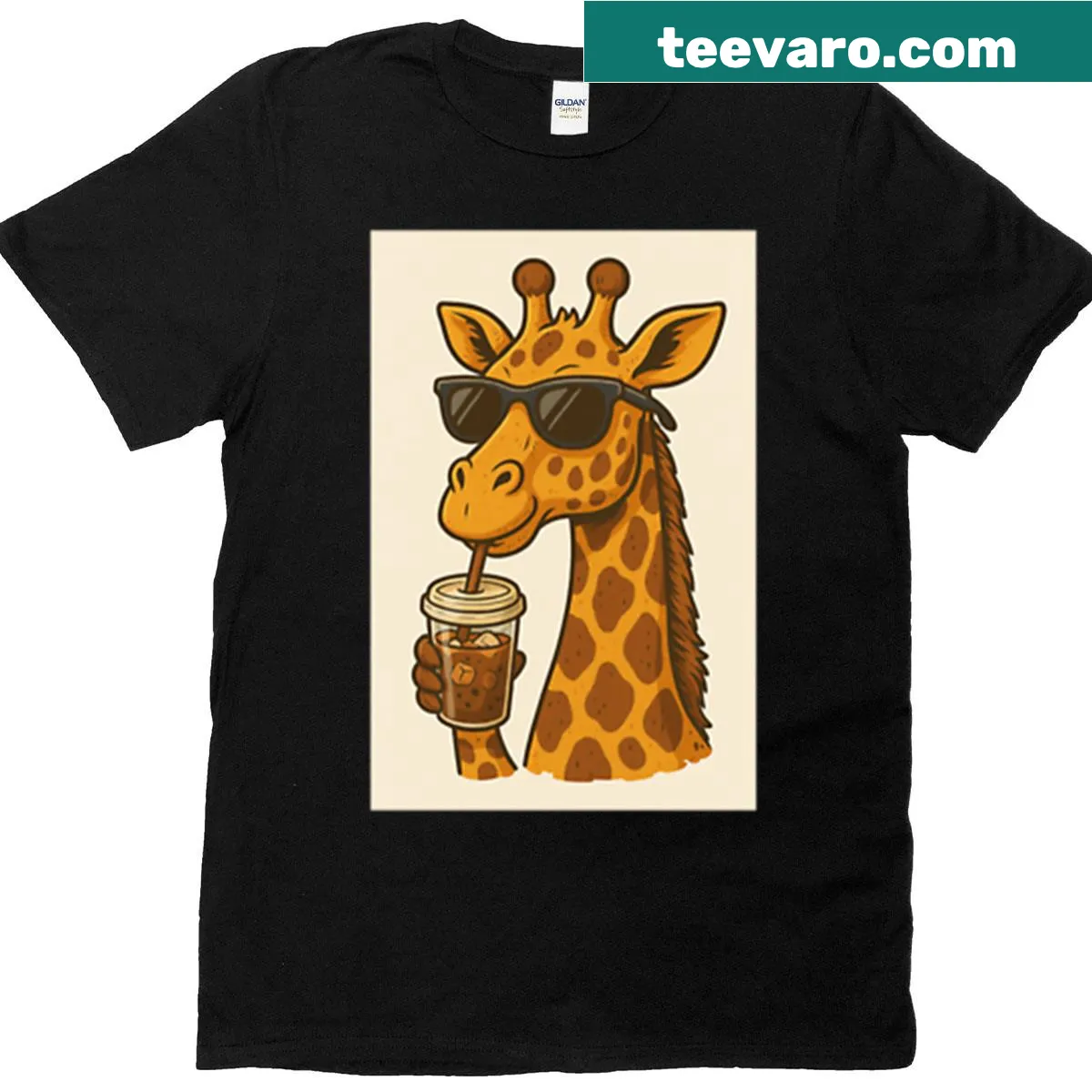 Playful giraffe drinking iced coffee on a T-shirt. — on a men's t-shirt
