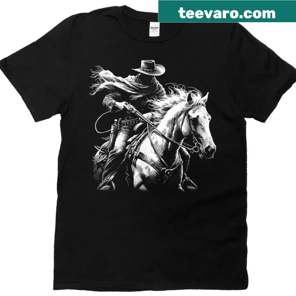 Dark western style cowboy outlaw on horseback graphic