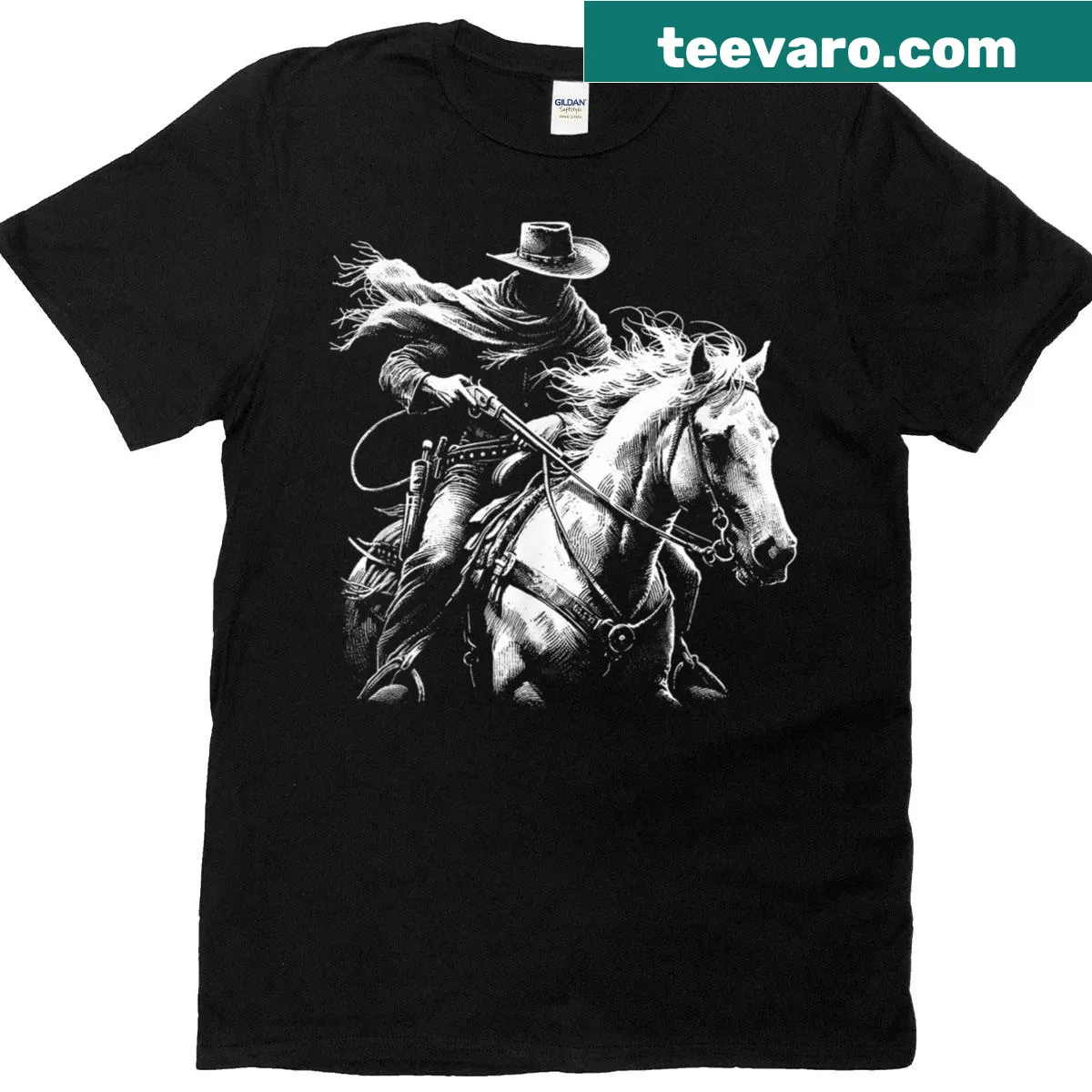 Dark western style cowboy outlaw on horseback graphic — on a men's t-shirt