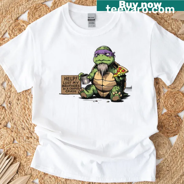 T-shirt featuring Donatello from TMNT with financial humor related to crypto.