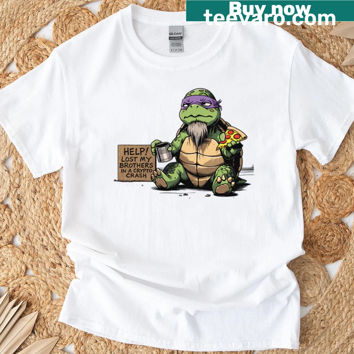T-shirt featuring Donatello from TMNT with financial humor related to crypto. — on a men's t-shirt