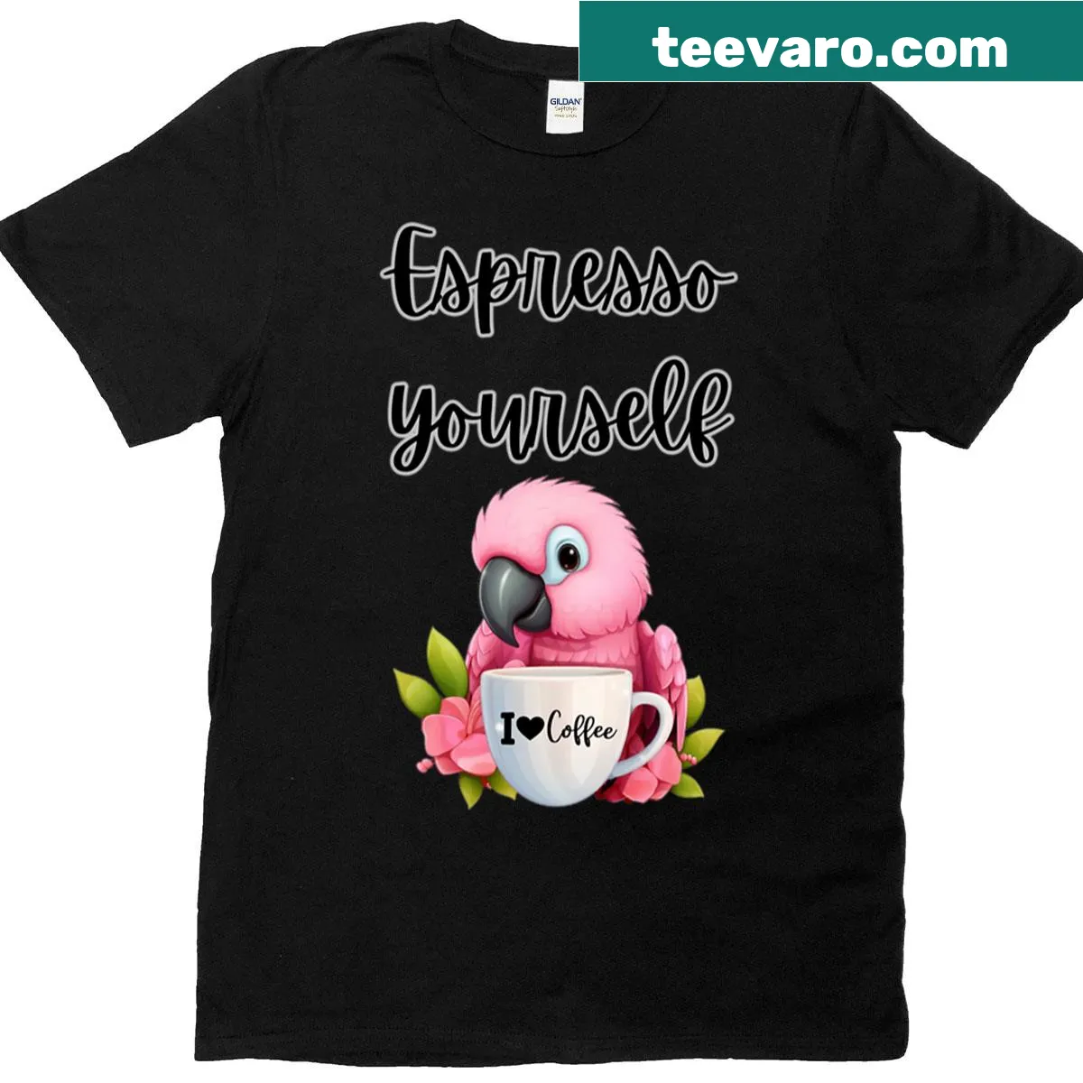 Cartoon parrot with a coffee cup on a T-shirt — on a men's t-shirt