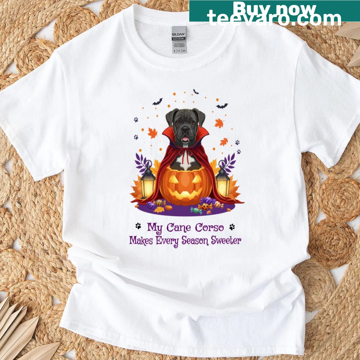 Cane Corso dog dressed as Dracula for Halloween on t-shirt — on a men's t-shirt