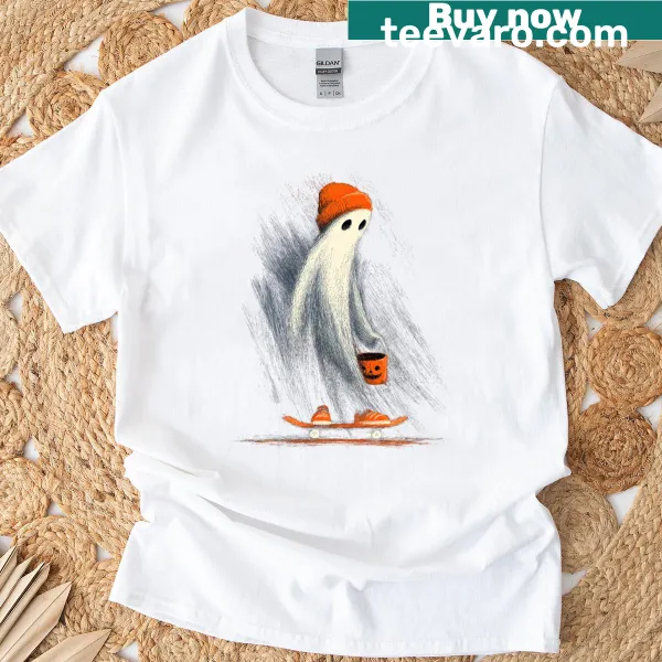 T-shirt featuring a cute ghost skateboarding for Halloween