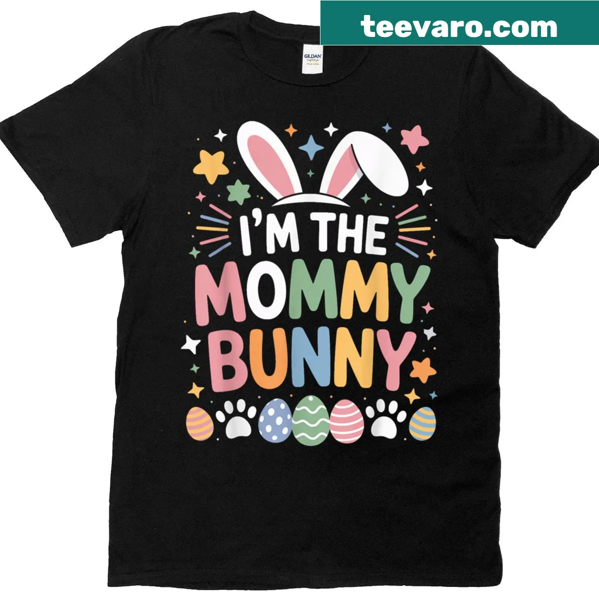Easter-themed Mommy Bunny Ears T-shirt with cheerful graphic — on a men's t-shirt