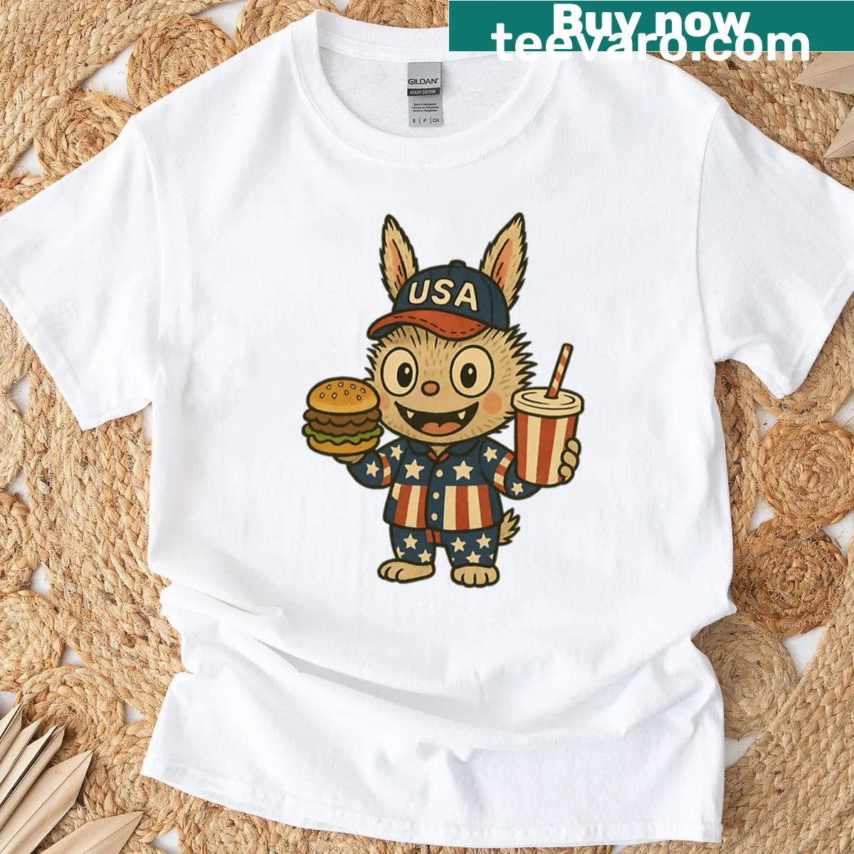 Patriotic cartoon rabbit with burgers and sodas design — on a men's t-shirt