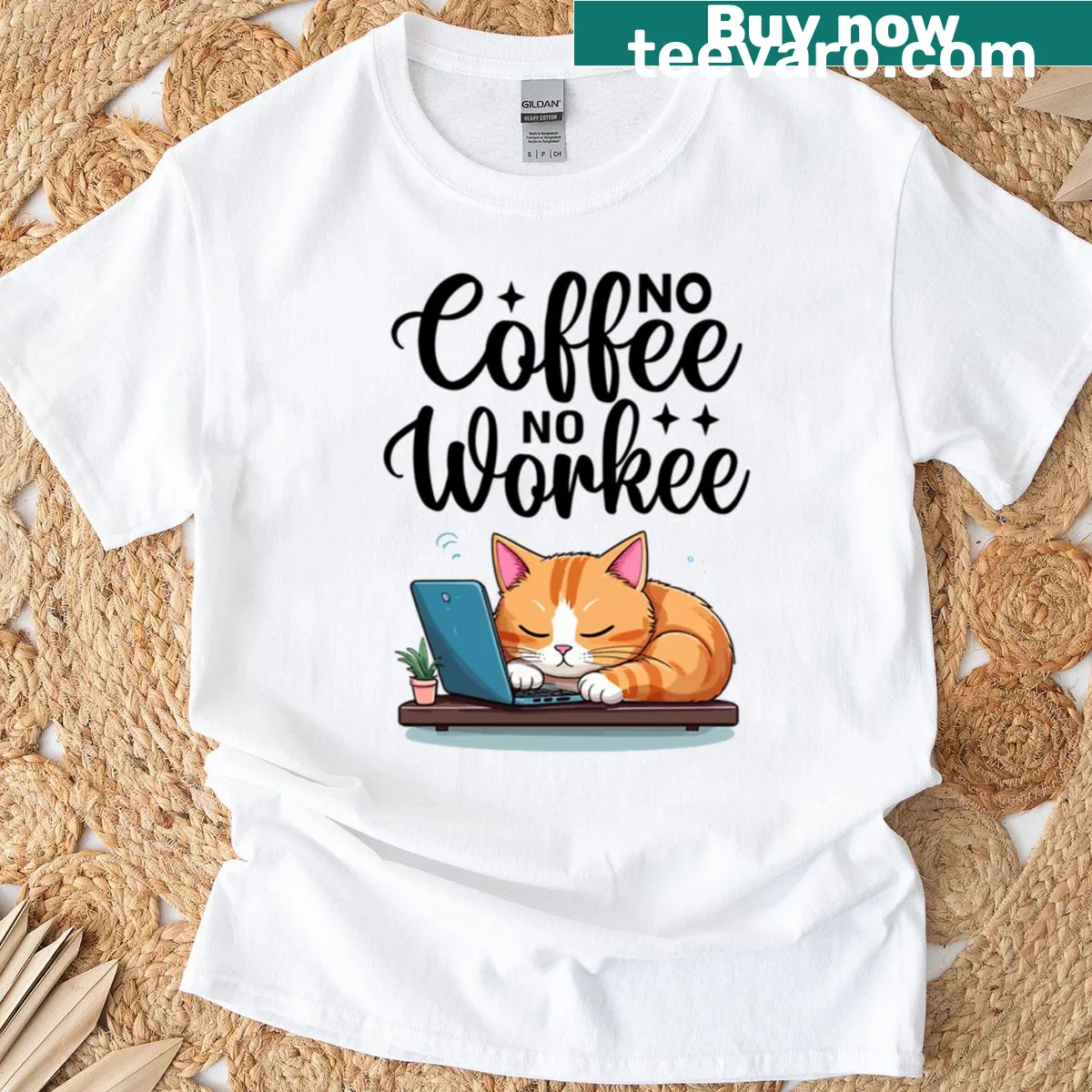 Adorable lazy cat design with a coffee cup illustration. — on a men's t-shirt