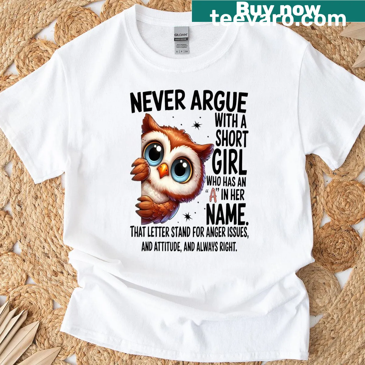 Funny owl and saying about short girls on a t-shirt — on a men's t-shirt