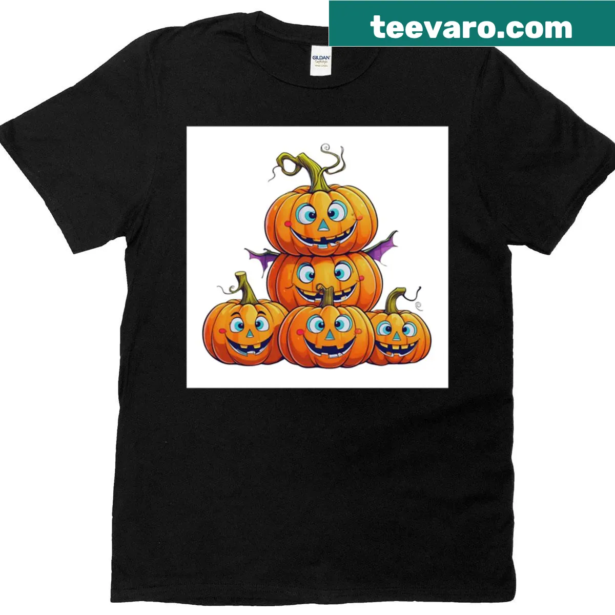 Stacked cute jack-o-lantern pumpkins graphic on a T-shirt — on a men's t-shirt