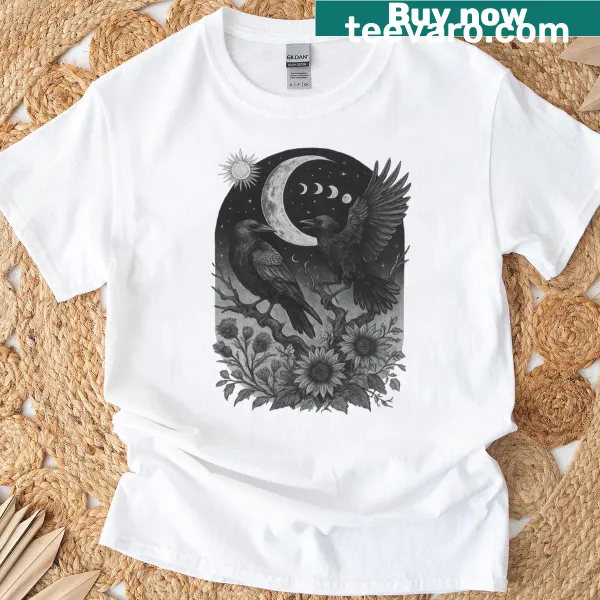 Vintage style t-shirt featuring a black raven and the moon
