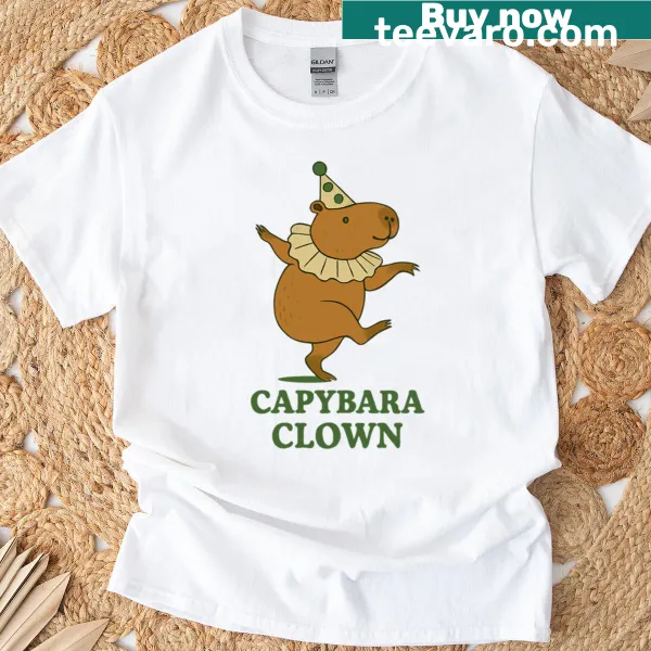 Dancing capybara in clown costume graphic on a t-shirt
