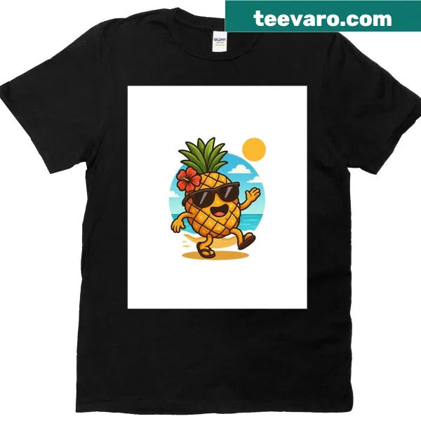 Cartoon dancing pineapple on a beach with summer vibes design.