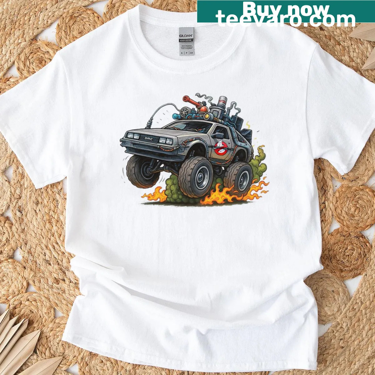Oversized tee featuring a mashup of DeLorean and Ecto-1. — on a men's t-shirt