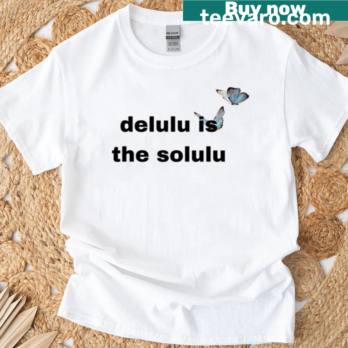 T-shirt with 'Delulu Is The Solulu' and butterfly graphics. — on a men's t-shirt