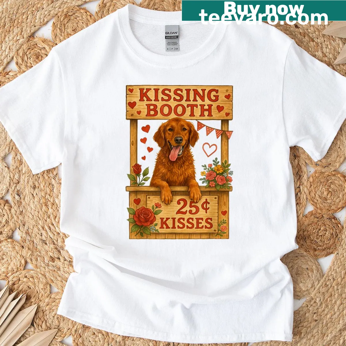 Dog in a kissing booth graphic t-shirt — on a men's t-shirt