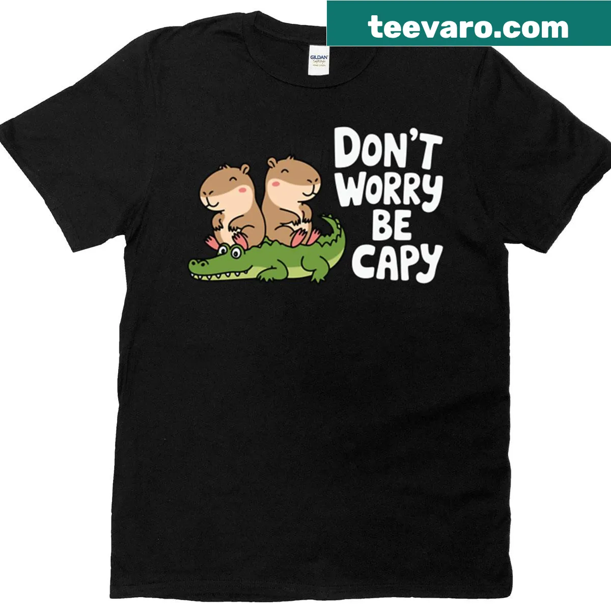 Cute t-shirt featuring a capybara and the phrase 'Don't Worry, Be Capy' — on a men's t-shirt