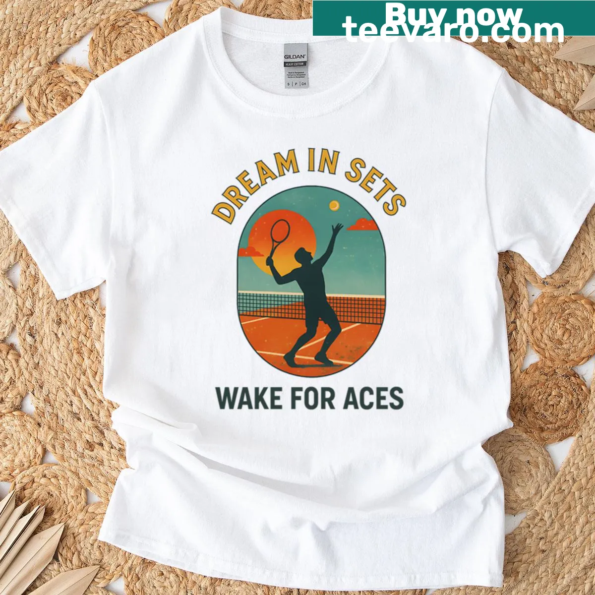 Tennis-themed t-shirt with the phrase 'Dream In Sets - Wake For Aces' in bold lettering — on a men's t-shirt