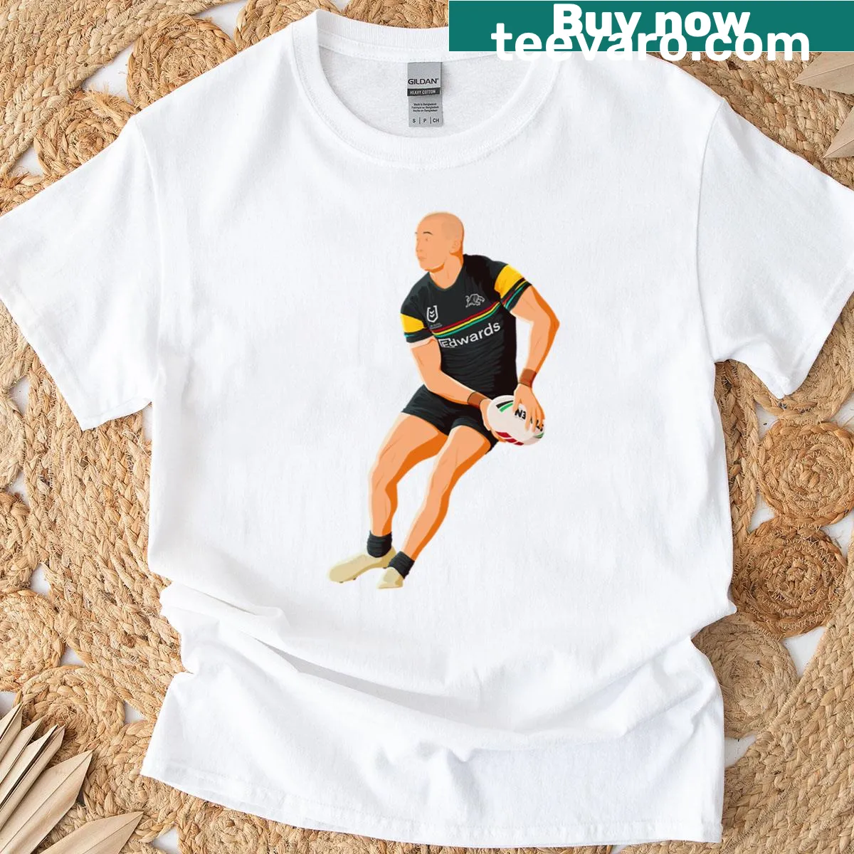 NRL T-shirt featuring Dylan Edwards and Penrith Panthers graphics — on a men's t-shirt