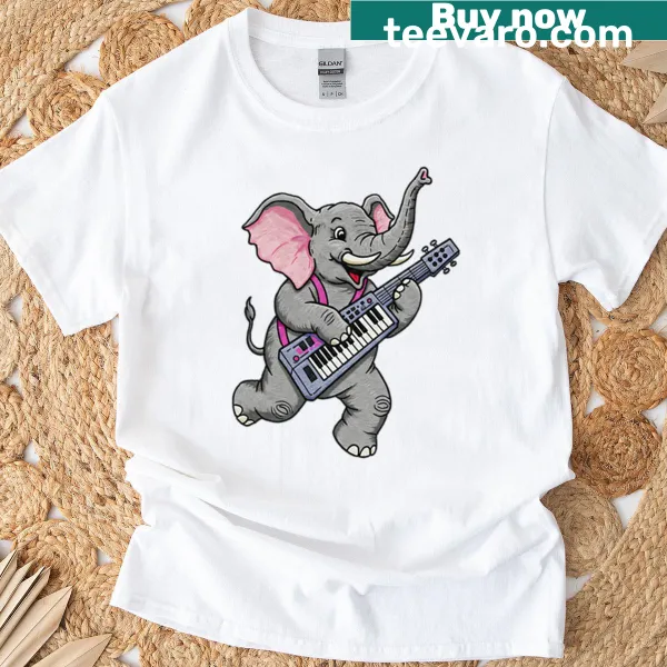 Illustration of an elephant playing a keytar on oversized t-shirt