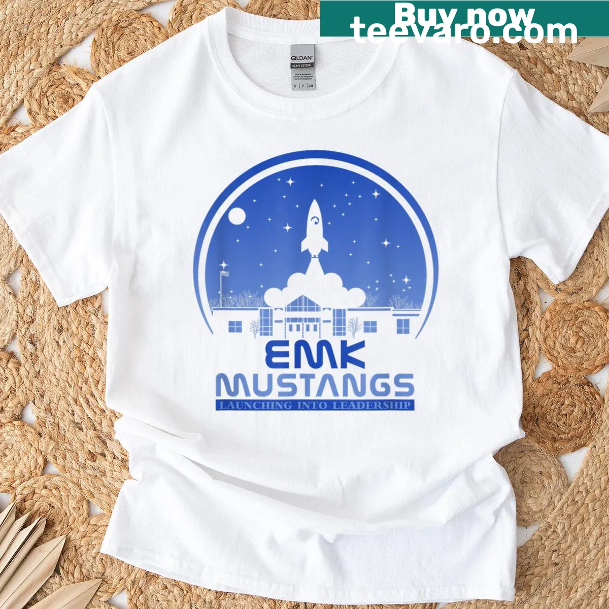 Leadership-themed T-shirt with 'Emk Launching Into Leadership 2025' text — on a men's t-shirt