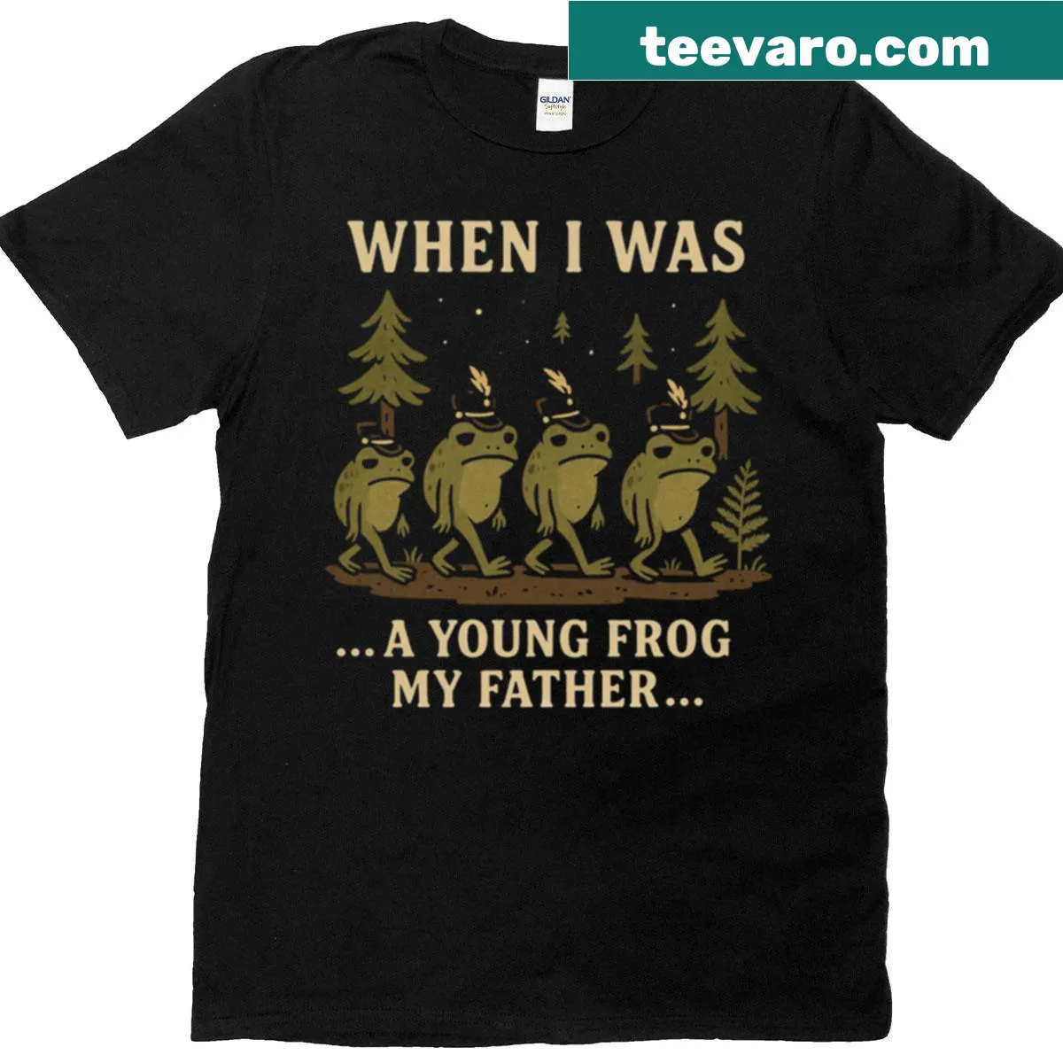 Cartoon emo frog in marching band t-shirt — on a men's t-shirt
