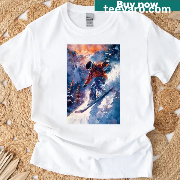 Artistic snowboarder design on T-shirt illustrating winter sports
