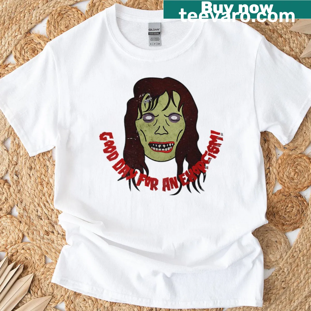 Vintage Exorcist film-inspired graphic T-shirt — on a men's t-shirt