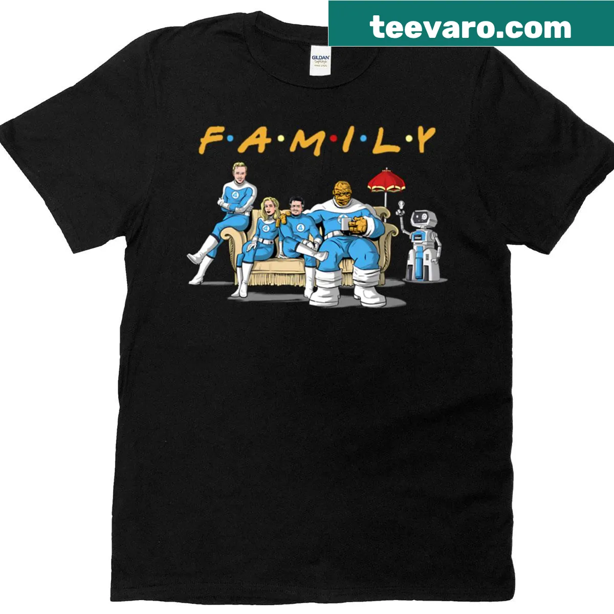 Minimalist Fantastic Four t-shirt featuring the superhero team — on a men's t-shirt