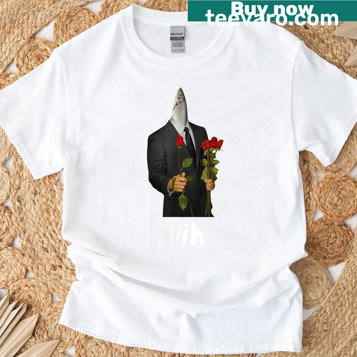 Funny fish-themed graphic t-shirt with misspelled word and humorous design — on a men's t-shirt