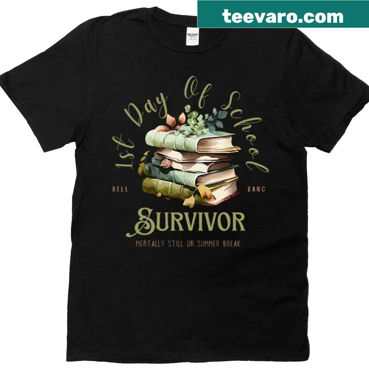 Funny T-shirt with 'First Day Of School Survivor' text — on a men's t-shirt