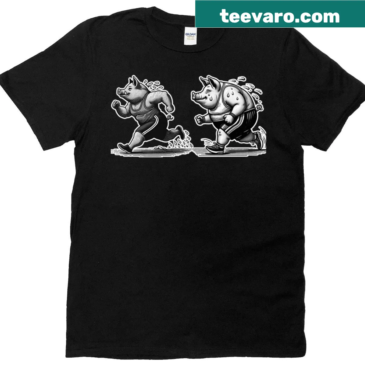 T-shirt depicting cute pigs exercising — on a men's t-shirt