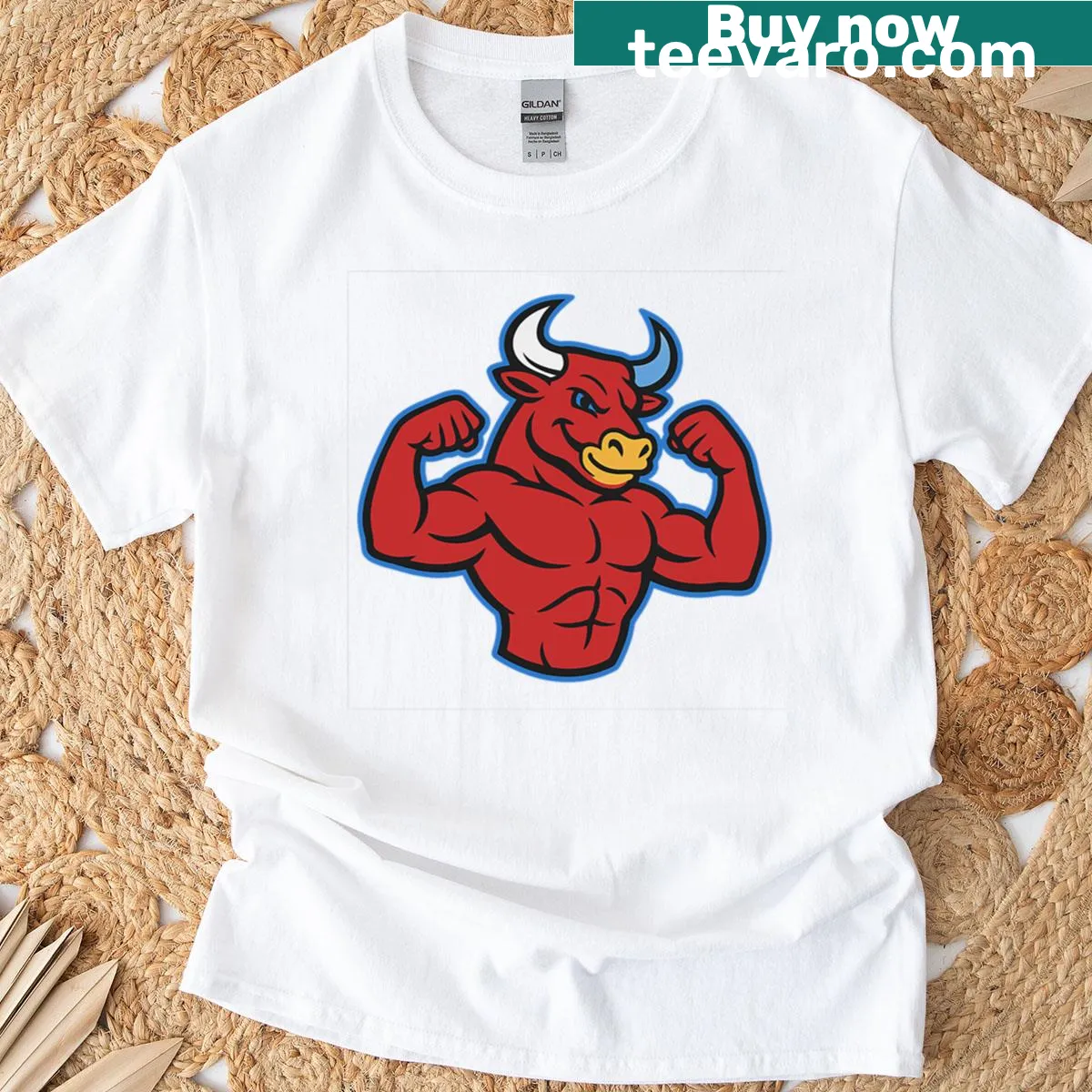 Funny T-shirt with an illustration of a flexing bull — on a men's t-shirt