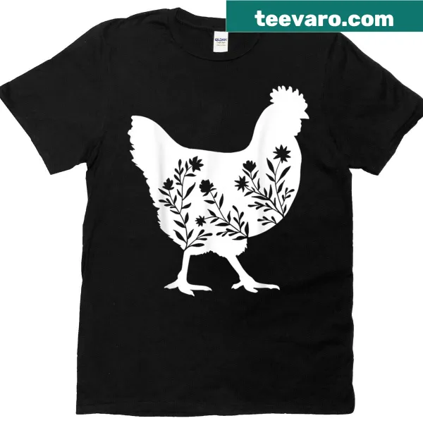 Floral chicken t-shirt featuring an illustration of a chicken and flowers
