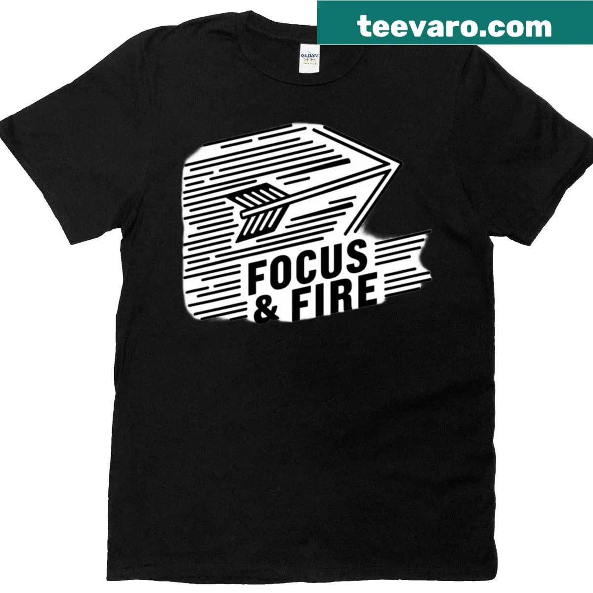 Motivational oversized t-shirt with 'Focus Fire Hit Your Target' text — on a men's t-shirt