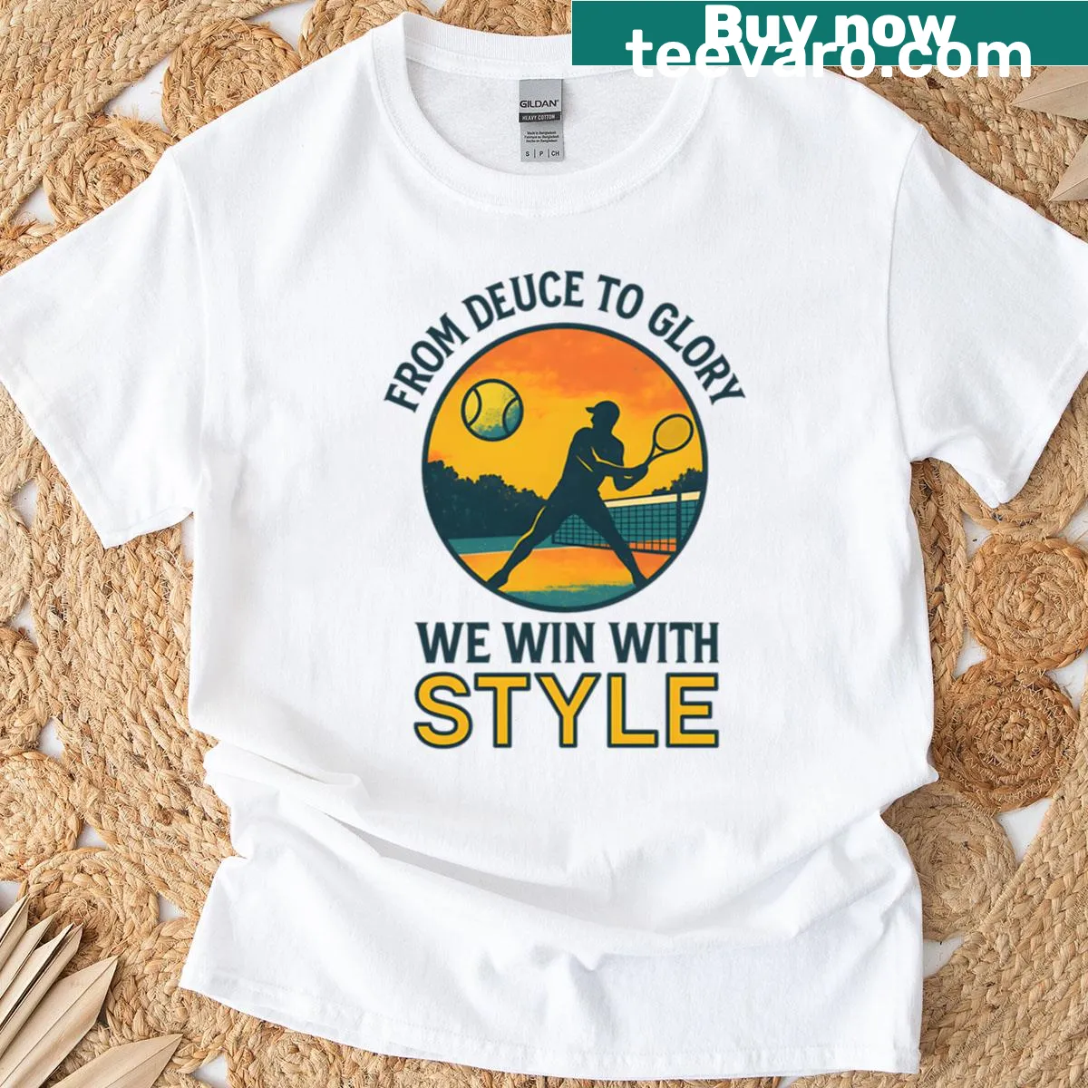 Oversized tennis t-shirt with motivational text about winning — on a men's t-shirt