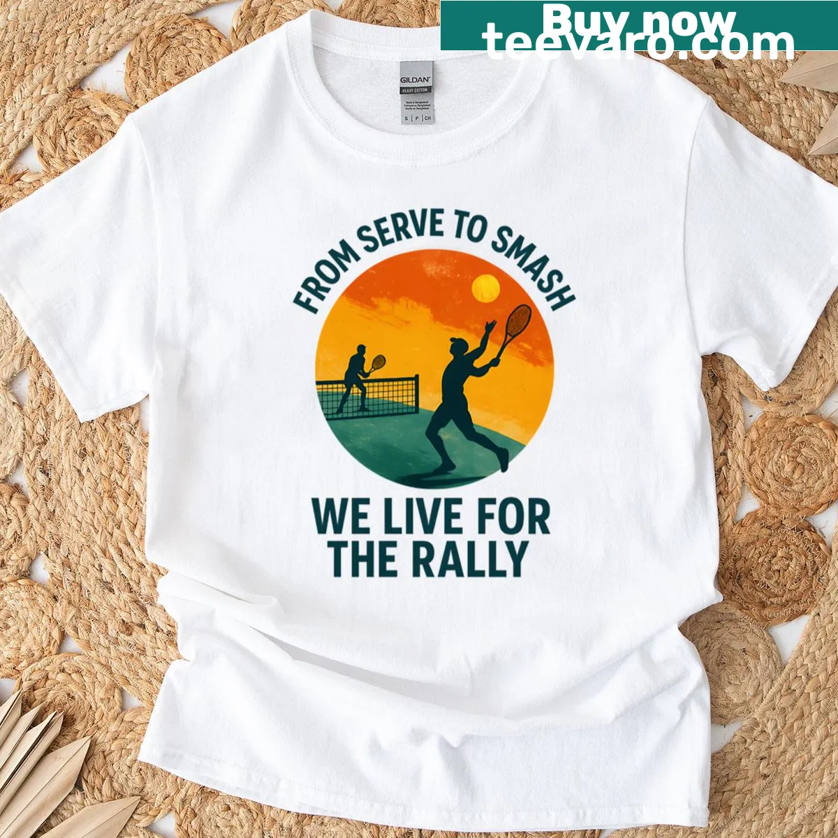 Tennis t-shirt with motivational rally text — on a men's t-shirt
